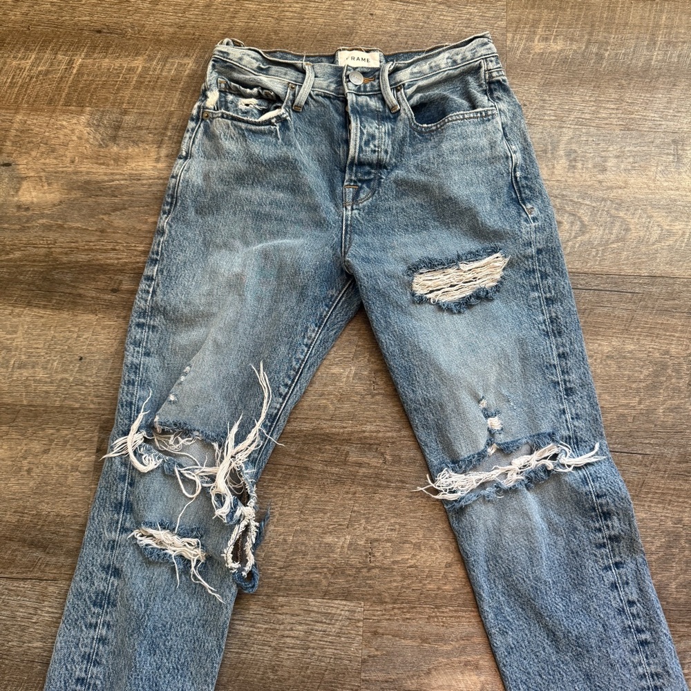 Frame Le Orginal Jeans High Rise Distressed Button Fly Cascade Blue Rips Size 25 - Picture 6 of 12